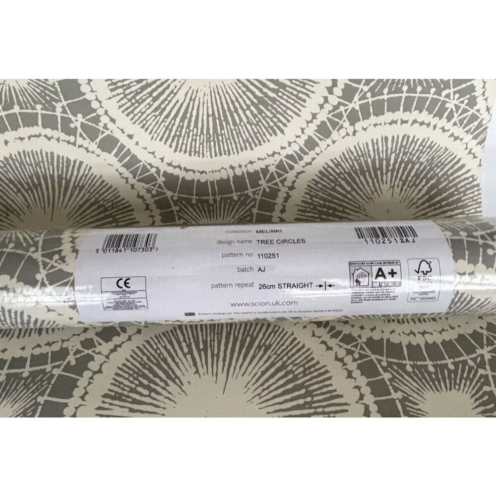 1 Roll of Scion Melinki Wall Paper Tree Circles No 110251 Beige/Gray NEW
